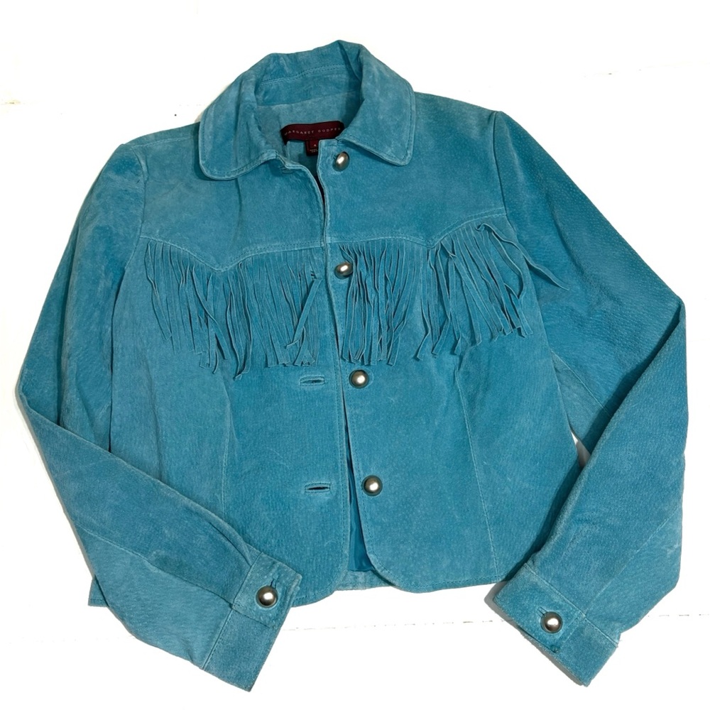 Vintage Margaret Godfrey Turquoise Suede Leather Fringe Western Rodeo Jacket - Picture 2 of 7